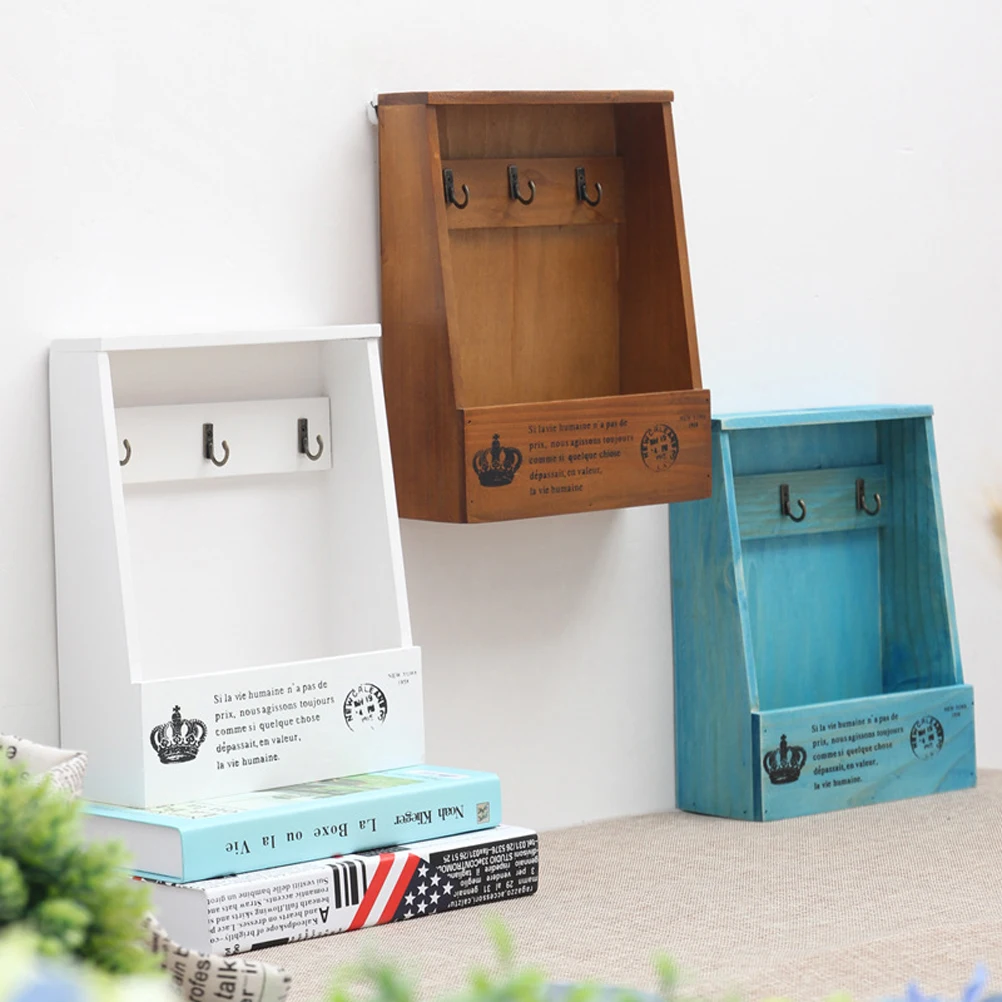 Retro Wall Mounted Wooden Box Organizer Key Hanging Hooks Mail Box Phone Storage Box Small Objects Shelf Hanging Basket