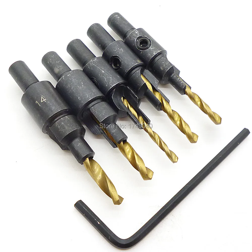 5pc 1/4 Round Shank Countersink Drill Bit Set Counter Bore Drill Wood