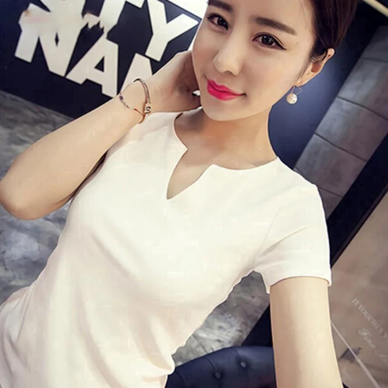 Summer Women Short Sleeve V Neck Slim T Shirt V-Neck Short Sleeve Female Tee Slim T-Shirt Casual Solid Lady Tshirt Tops 2 Colors