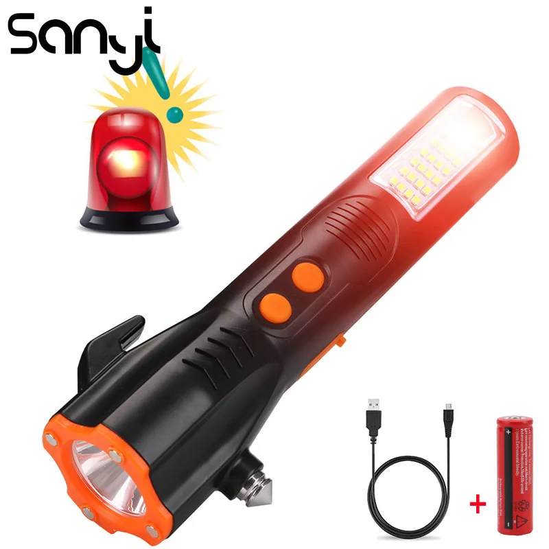 

SANYI Multi Functional Car Safety Emergency Escape Hammer with LED Flashlight Light Window Breaker USB Warning Torch Light