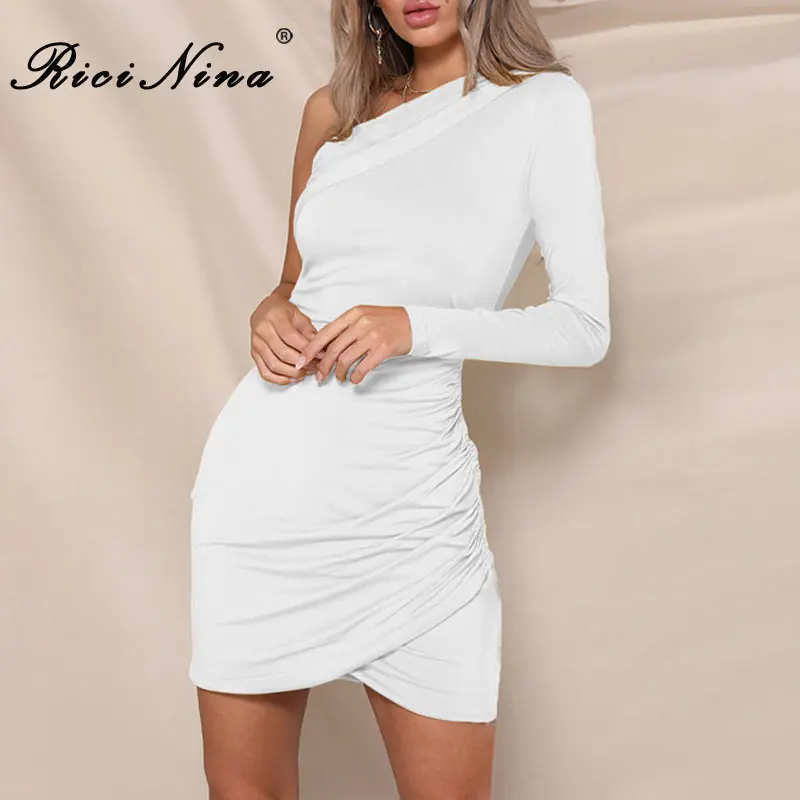 RICININA Fashion Summer Sexy Bodycon Dress Women One-Shoulder Long Sleeve Mini Dress Ladies Casual Party Dresses Vestidos 
