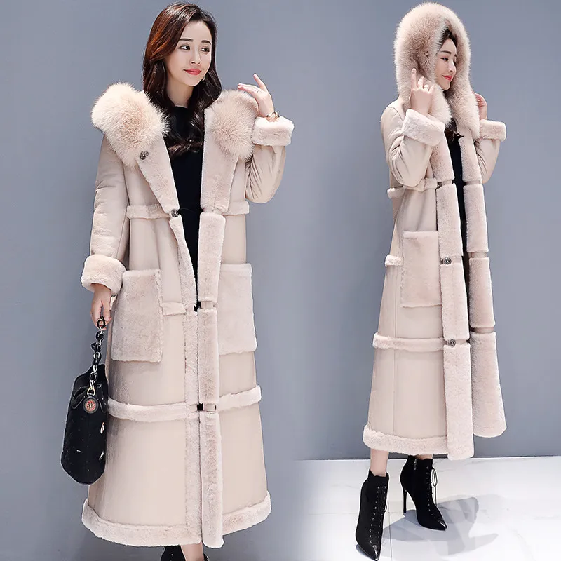 Осенне-зимнее пальто из овечьей шерсти для женщин, большие размеры, корейский большой меховой воротник, выше колена, искусственная кожа, толстое теплое длинное пальто, элегантное женское
