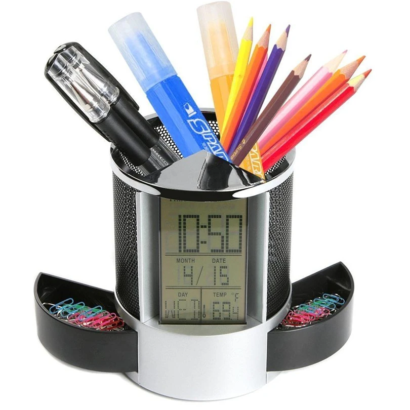 

Digital LED Desk Alarm Mesh Pen Pencil Holder With Digital Lcd Office Desk Clock With Time Temp Calendar Timer Temperature J20