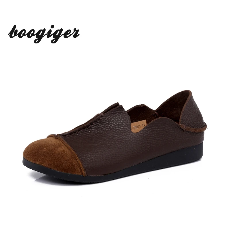 

Spring/Autumn Comfortable Soft-Soled Full Grain Leather Soft Flat Round Toe Slip-On Women Casual Shoe