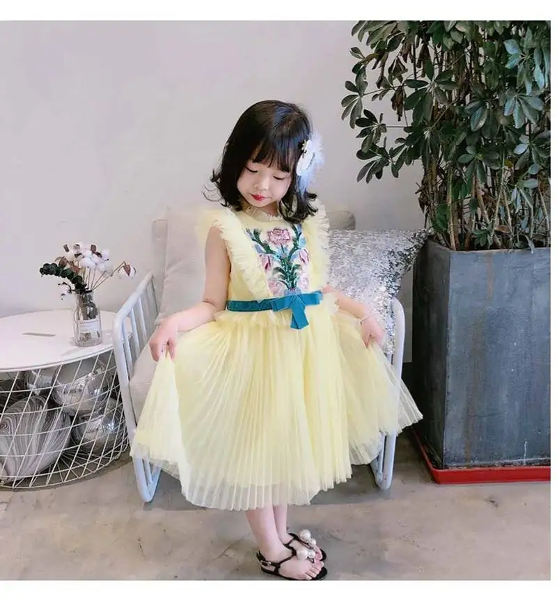 Плиссированное Платье с вышивкой для девочек коллекция года, детские летние платья для девочек, платье принцессы для девочек платье с цветами для девочек ростом 100-140 см