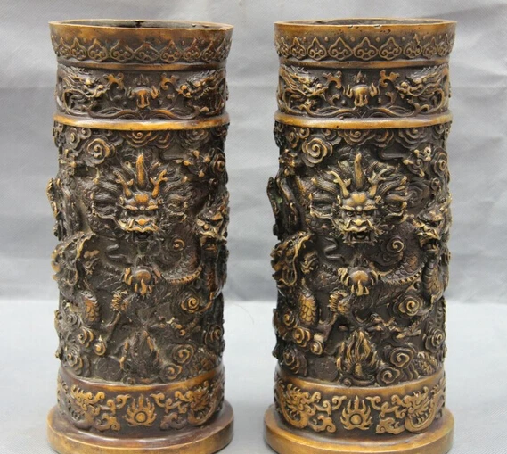 

bi003760 Chinese Royal Palace Bronze Copper Statue Dragon Pen case pencil vase brush pot