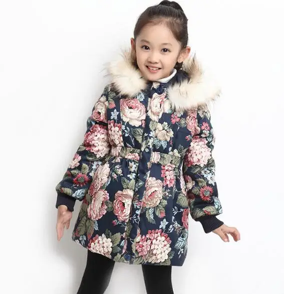

2019 Winter Fashion Girls Print Flower Coat Warm With Thick Cotton-Padded Fur Collar Waistband Jacket Kids Outwear