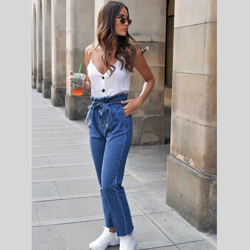 Spring 2019 Belt Button High Waist Fringe Jeans Women's Pockets Pencil Pants Ankle-Length Jeans