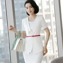 Женская юбка костюм модные пояса Элегантный лоскутный короткий рукав белый черный блейзер юбка наборы бизнес Офисная женская работа