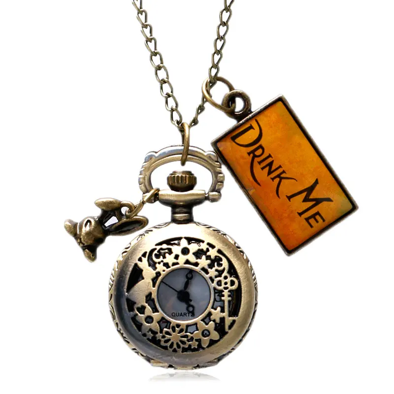 Bronze New Cute Necklace Antique Style Alice In Wonderland Drink Me Tag Pocket Watch Rabbit Flower Women Pendant Gifts 