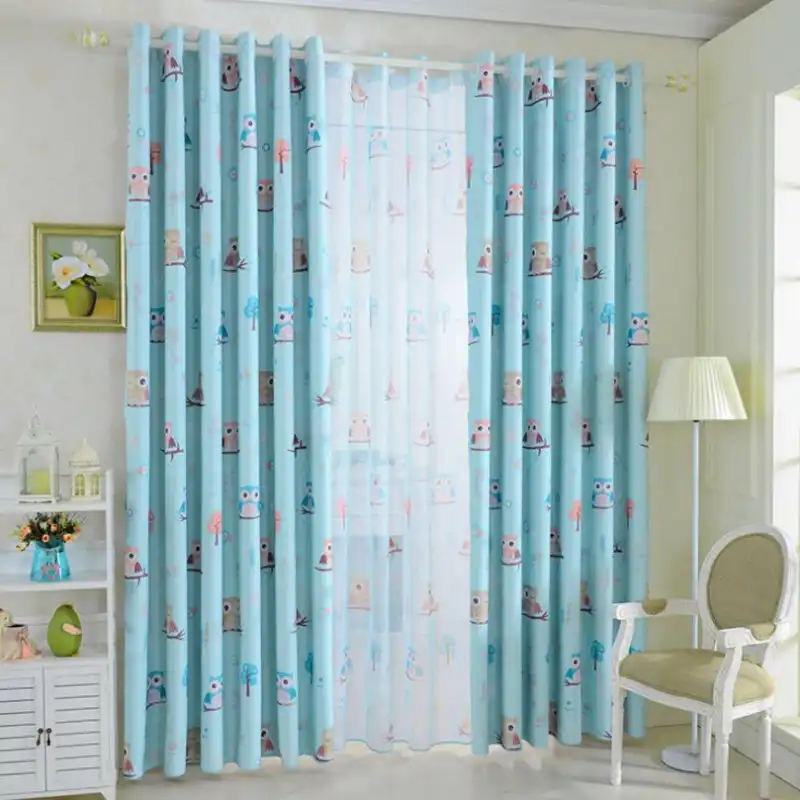 Cartoon Lovely Owl Curtains Print Sheer Voile Window Screen Bedroom Kids Boys Room Curtians Tulle Drapes Blue Cortinas T 220 20