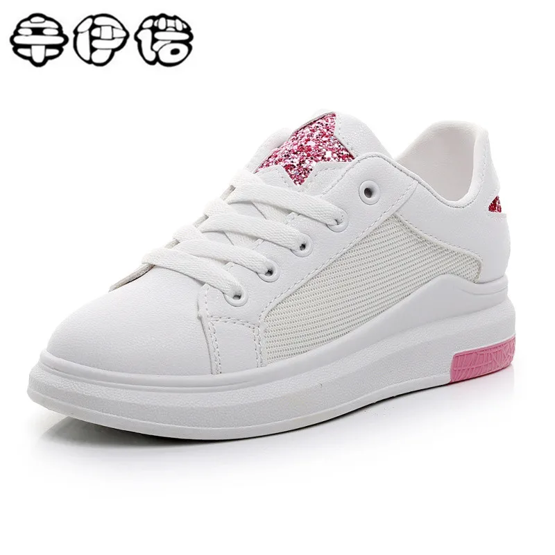 

2018 Pink Glitter Star Leather Casual Shoes Female Spring Cheap White Platform Sneakers Women Shoes Hot Sale Tenis Feminino