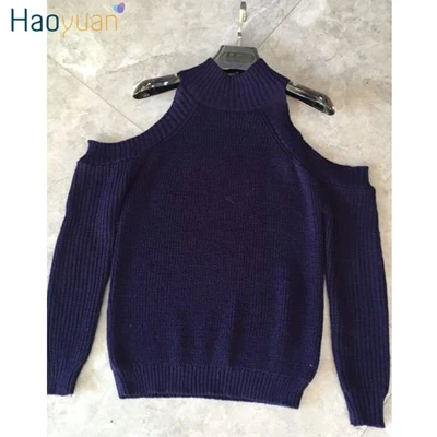 HAOYUAN водолазка с открытыми плечами вязаный свитер Женский Повседневный уличная одежда Осень Зима Джемпер сексуальный корейский пуловер свитер - Цвет: Тёмно-синий