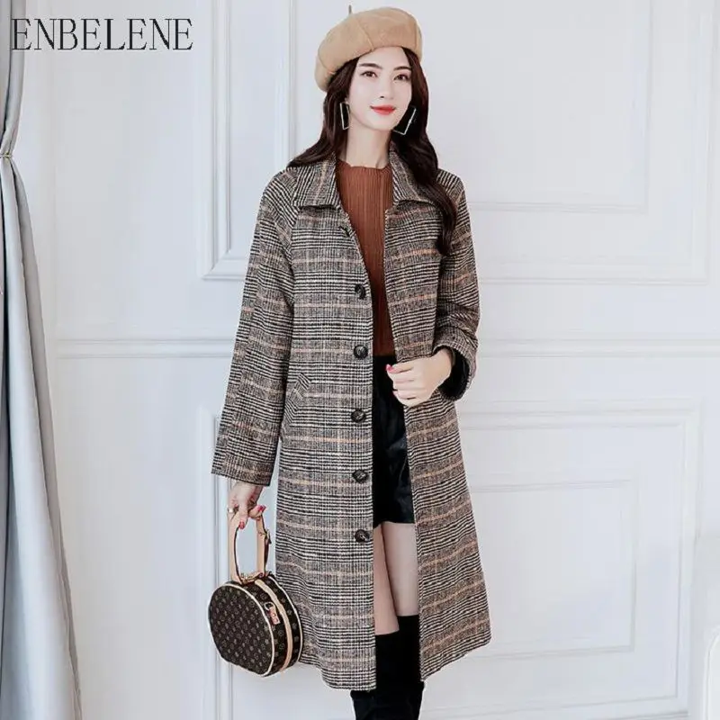 

Autumn Winter Women Long Wool Jackets for Office Lady Brown Woolen Coat Female Single Breasted Plaids and Tweeds Outwear GJ159