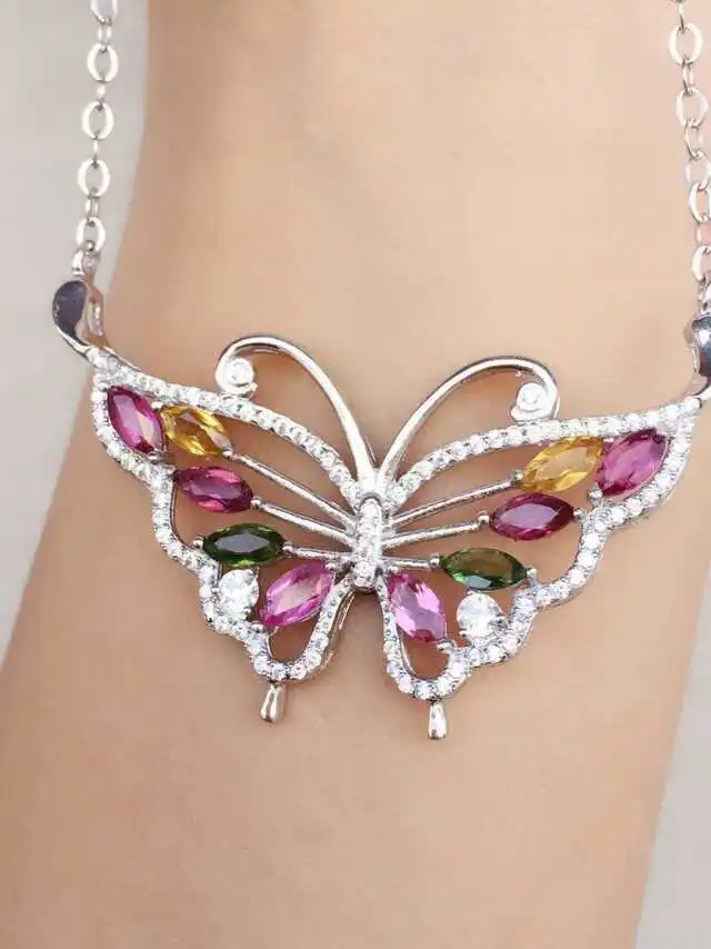Натуральный многоцветный Турмалин Цепочки и ожерелья Природный камень кулон Цепочки и ожерелья S925 серебро модные бабочка подарки для