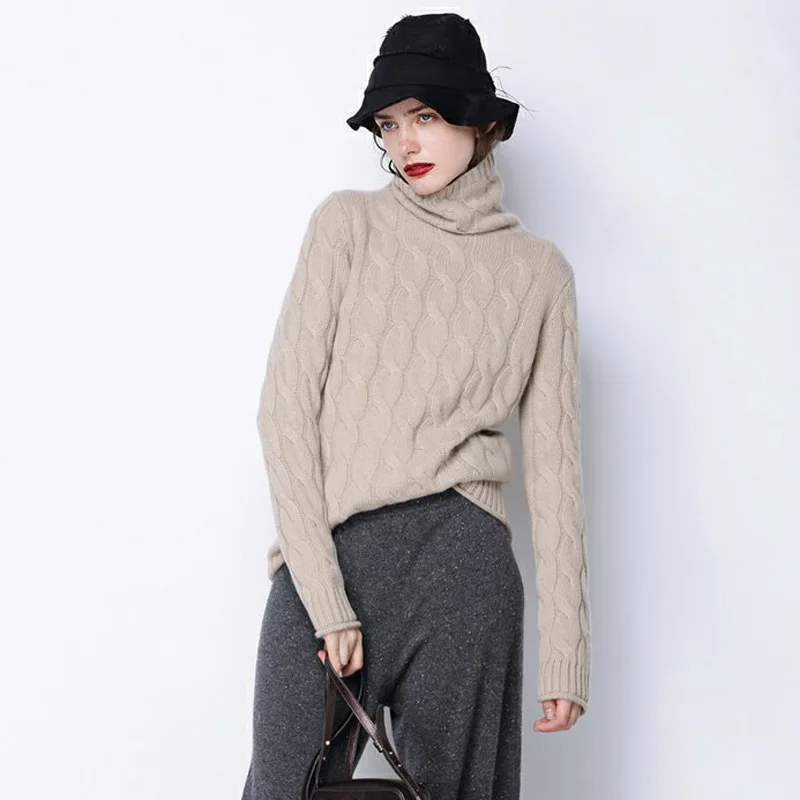 Best Pure Cashmere Pullover Sweater Women Autumn Winter High Quality Turtleneck Cable Knitted Soft Casual Bottom Shirt Pulls