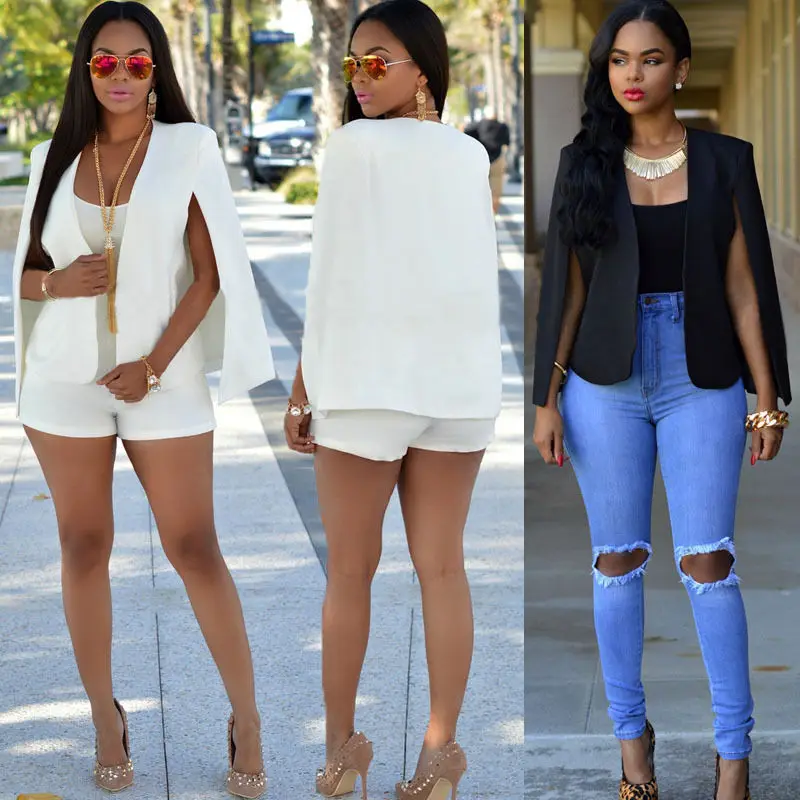 2018 جديد وصول هول الجوف خارج أسود أبيض الصلبة الأزياء النسائية طويلة الأكمام عارضة الصيف دعوى عارضة سترة معطف أبلى PZ