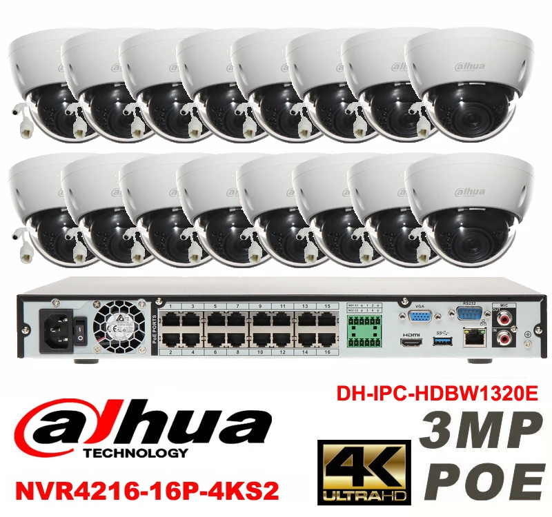 

Dahua original 16CH 3MP H2.64 DH-IPC-HDBW1320E 16pcs Dome IP security camera POE DAHUA DHI-NVR4216-16P-4KS2 network camera kit