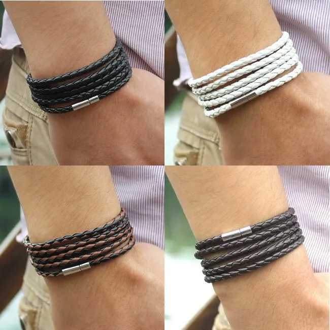 New Fashion 5 Layer Leather Bracelets & Charm Bangle Handmade Round Rope Turn Buckle Bracelet For Women Men Low Price Wholesale