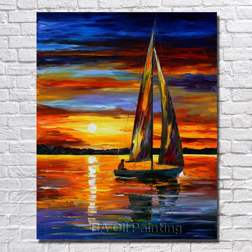 Продажа Картина расписанную Современный Книги по искусству красивая лодка в морской пейзаж Палитры Ножи не подставил картина маслом на холсте укра...