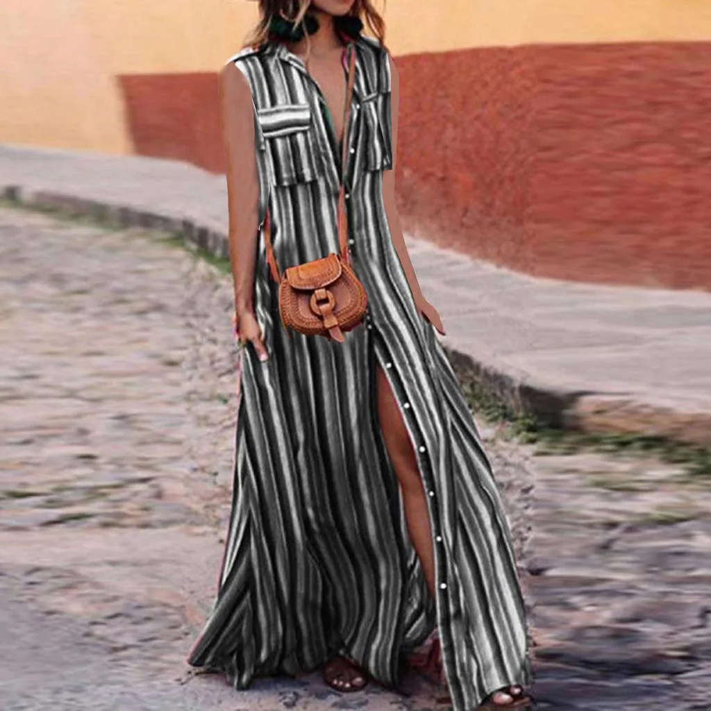 

Women's Summer Sundress Dresses Casual Striple Casual Button Dress Sleeveless Loose Party Long Dress Vestidos Verano 2019