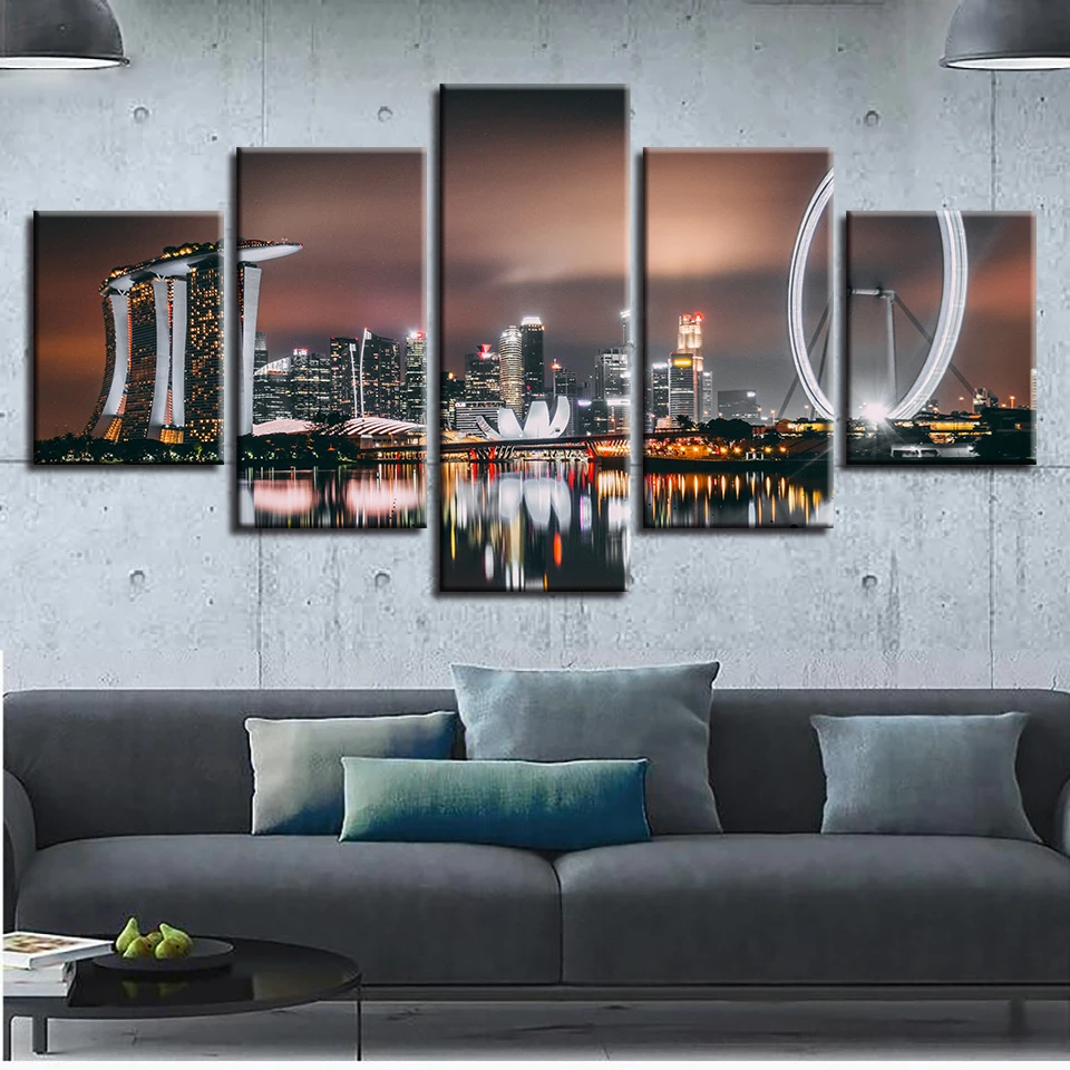 

Canvas Prints Decoration Living Room Wall Art 5 Pieces Ferris Wheel City Night Scene Scenery Paintings Frame Modular HD Pictures