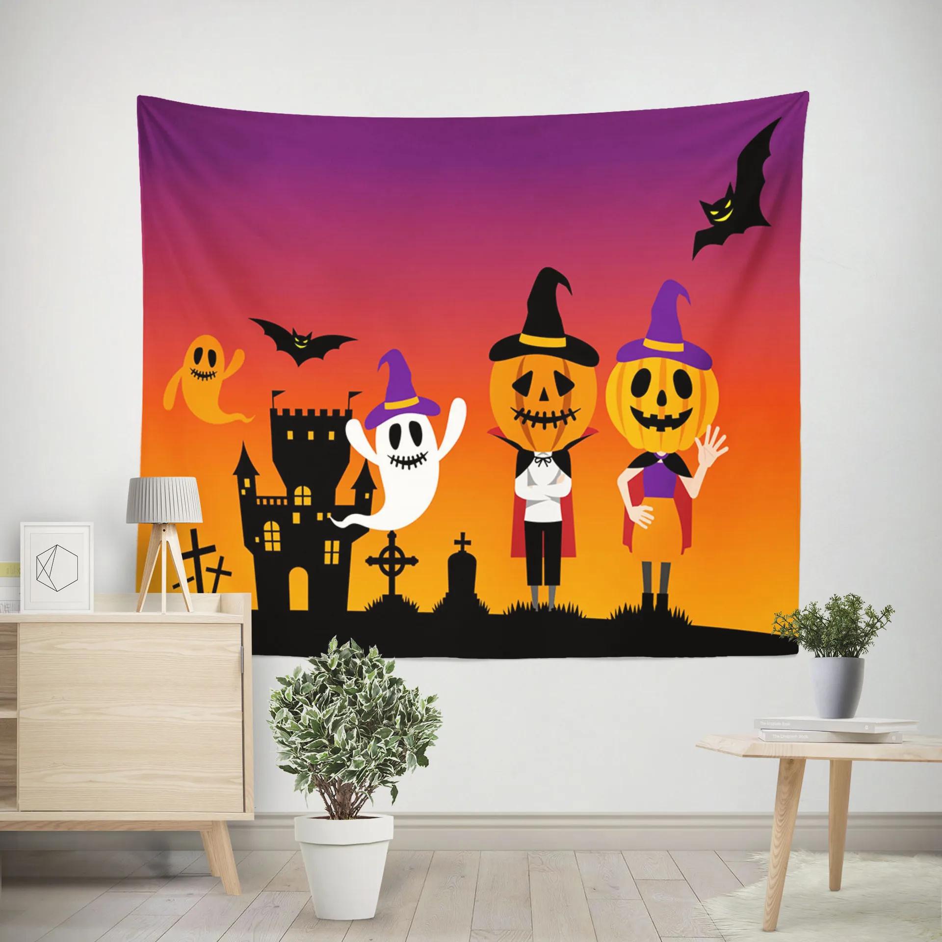 

Horror Halloween Hippie Wall Tapestry Pumpkin Bat Ghost Castle Psychedelic Tapestry Wall Fabric Witchcraft Wall Hanging Tapestry