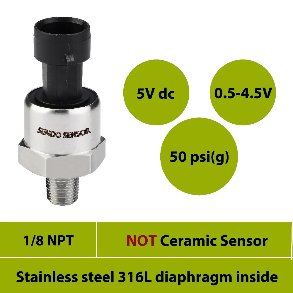 

0 to 50psi, fuel oil pressure sensor, Packard, 5V DC, 0.5 to 4.5V output, stainless steel 316L diaphragm, 1 8 in NPT Male Thread