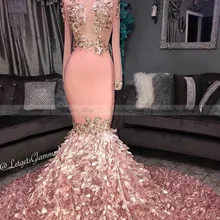 Элегантная розовая с длинными рукавами Русалка Плюс размер Выпускные платья с 3D цветочным шлейфом длинные африканские вечерние выпускные платья платье