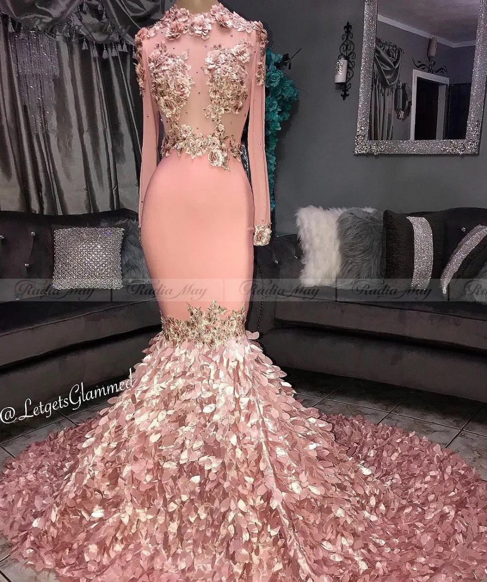 

Elegant Pink Long Sleeves Mermaid Plus Size Prom Dresses with 3D Floral Train Long African Evening Party Gowns Graduation Dress