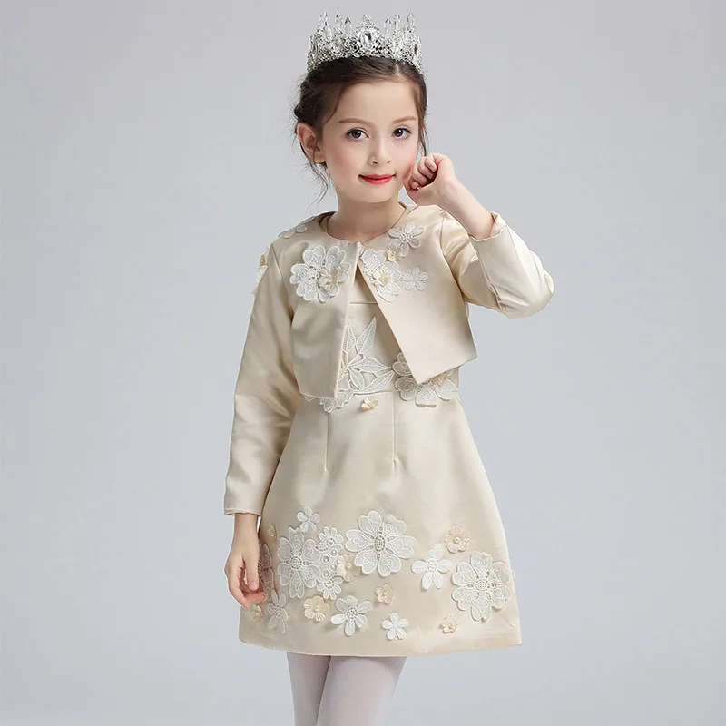 

Exquisite Cute Pearl Flower Princess Girls Dress Kids Floral Wedding Ceremonies Dresses With Jacket Baby Children Clothes Set