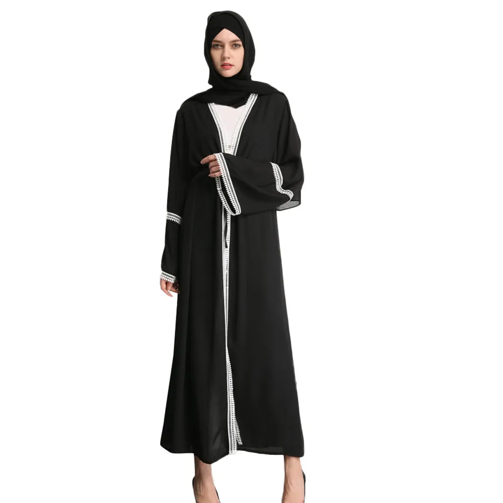 Новые модные мусульманские для женщин Летние черные кружево шить кардиган с вышивкой халаты Длинные Макси абаи z0417