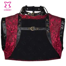 Vintage Red Brocade and Faux Leather Sleeveles Steampunk Corset Jacket Coat Plus Size Women Bolero Gothic