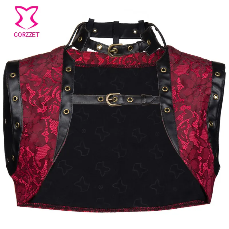 Vintage Red Brocade and Faux Leather Sleeveles Steampunk Corset font b Jacket b font Coat Plus