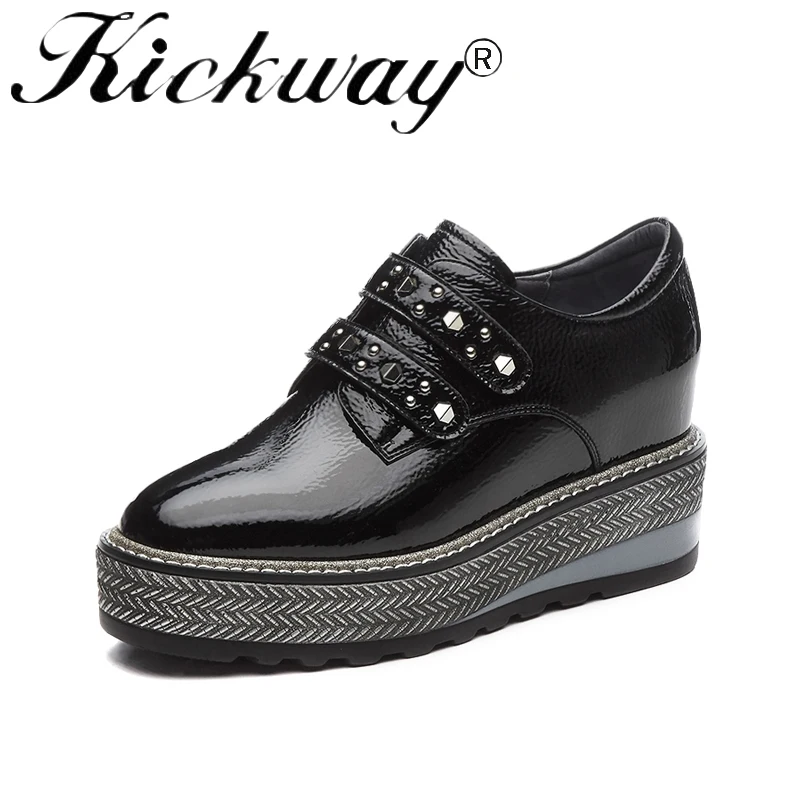 

Kickway Spring Shoes Women Height Increase Genuine Patent Leather Round Toe Fashion Shoes Ladies Light Weight PU Sole With Jute