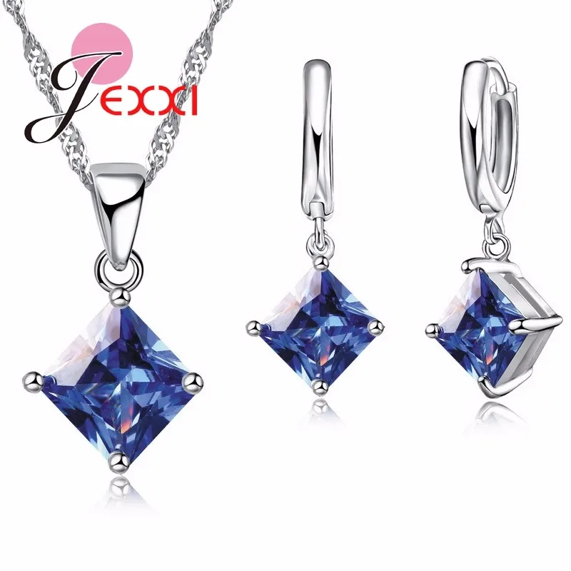 Женский набор ювелирных изделий квадратной формы с австрийскими кристаллами, Свадебный 925 пробы, серебряное ожерелье, кулон, серьги, 8 цветов