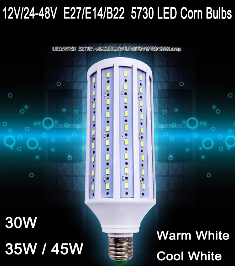 2 pçs/lote Frete grátis 12 V/24 V-48 V E27 E14 B22 30 W 35 W 45 WLED 12 v 24 V lâmpadas de milho lâmpada smd 5730 LED milho luz frete grátis