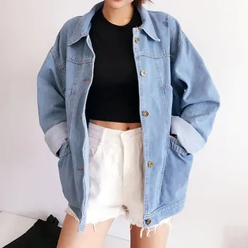 

2019 Women Turn-Down Collar Basic Denim Jacket Casual Autumn Harajuku Light Blue Jeans Jacket Loose Boyfriend Pocket Denim Coat