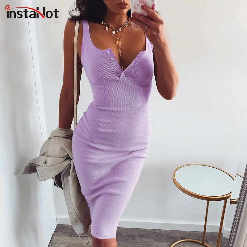 InstaHot 2019 элегантное женское сексуальное трикотажное платье с v образным вырезом