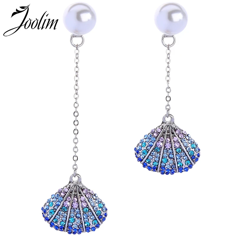 

Joolim Jewelry Wholesale/Asymmetric Shell Earring Blue CZ Crystal Pearl Convertible Earring 2 in 1 Luxury Korean Earring