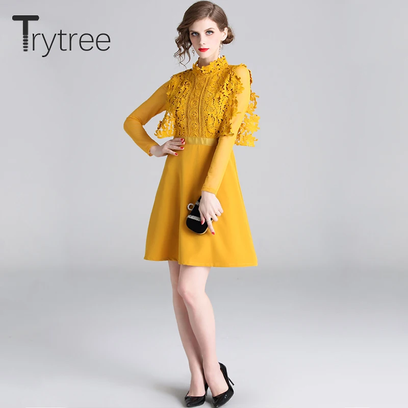 Женское Повседневное платье Trytree однотонное желтое трапеция выше колена из