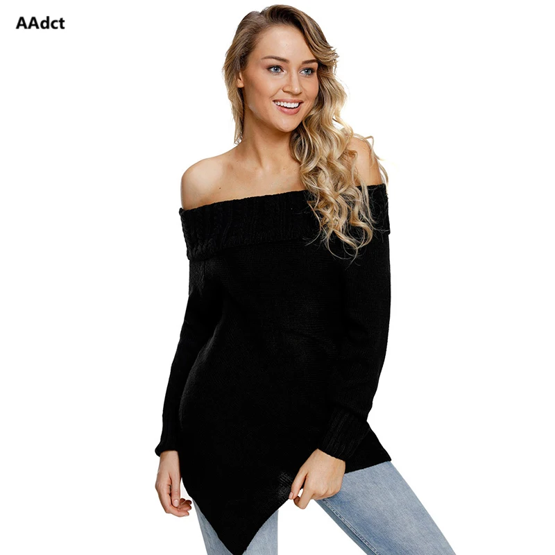 AAdct 2018 New Sweater Women's Fahion Pullover Ribbed Knit Sexy Slash collar Long Sleeve Hem Asymmetrical Design Sweater female Sweaters