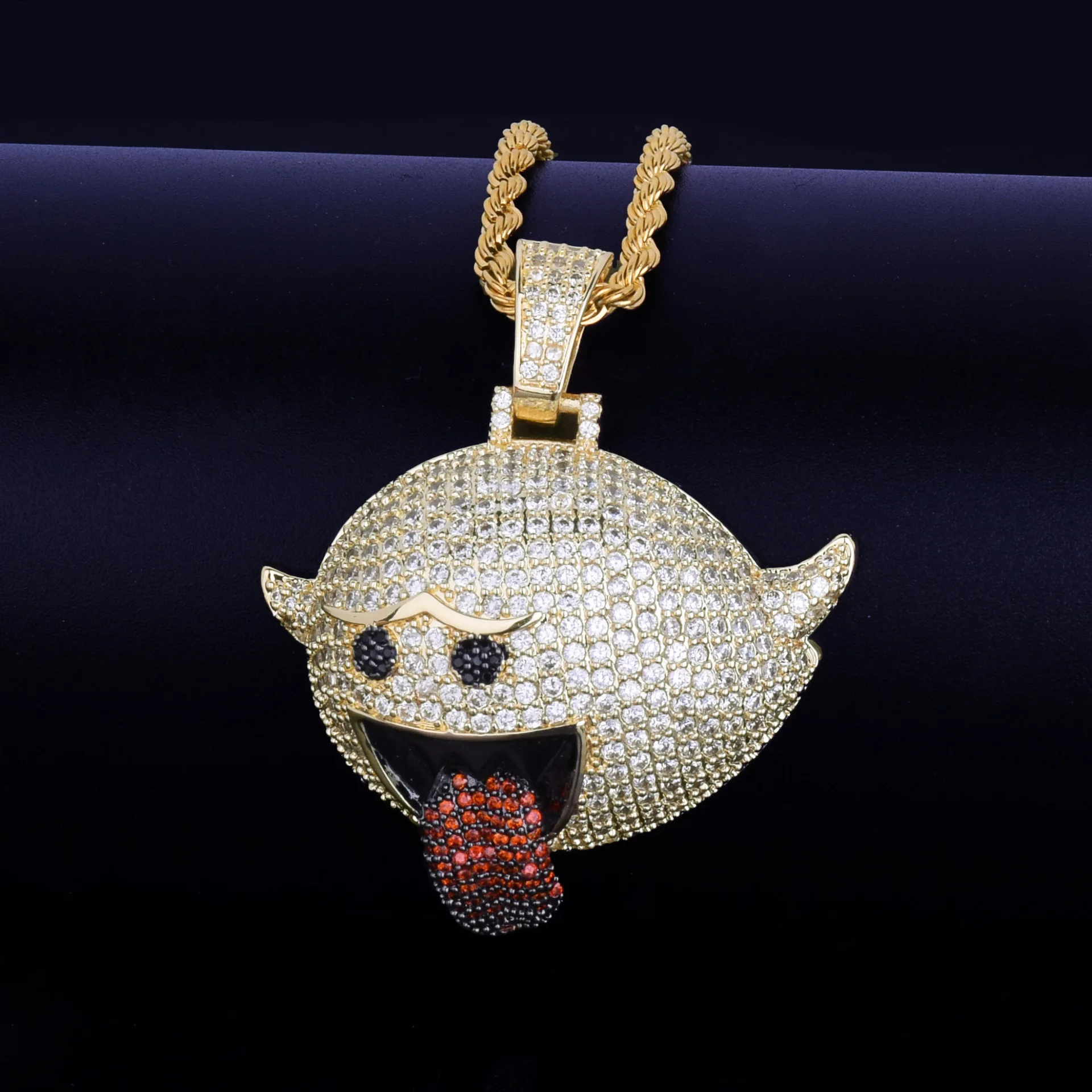 

QMHJE Funny Face Emoji Iced Out Pendant Chain Necklace Men Jewelry Bling Cubic Zircon Gold Color Punk Rock Hip Hop Luxurious