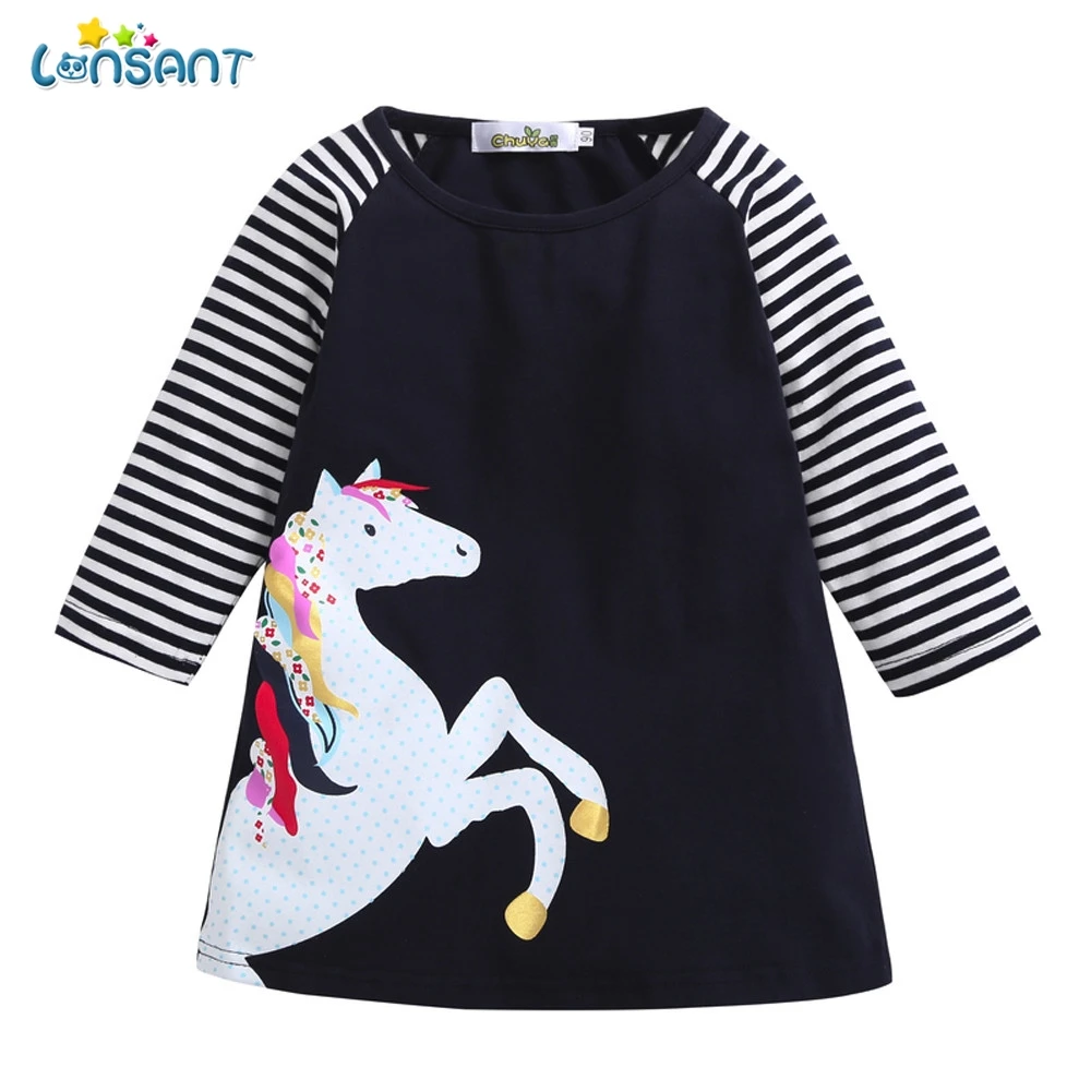 Toddler Kids Baby Girls Infant Horse Animal Cartoon Print Striped Casual Dresses