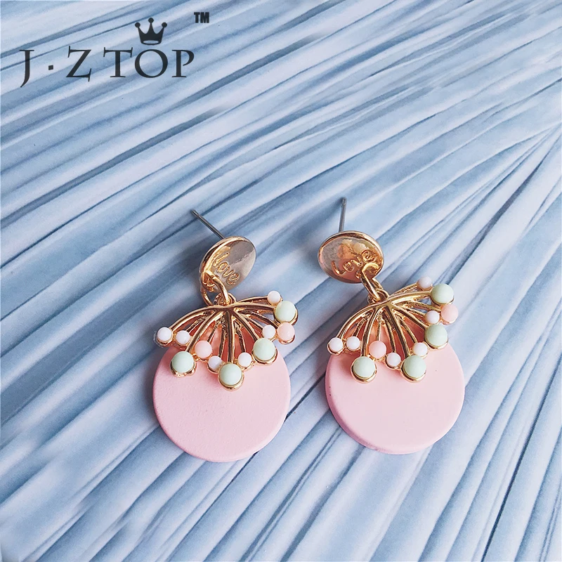 

JZTOP Geometric Earrings Candy Colors Round Leaf Double Layer Pendant Stud Earrings For Woman Fashion Party Oorbellen Jewelry