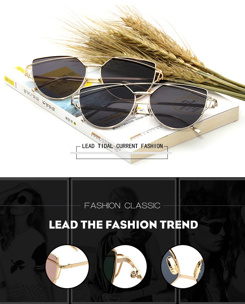 Qigge Модные Винтажные женские солнцезащитные очки "кошачий глаз", брендовые дизайнерские Роскошные Металлические зеркальные солнцезащитные очки цвета розового золота для женщин, UV400