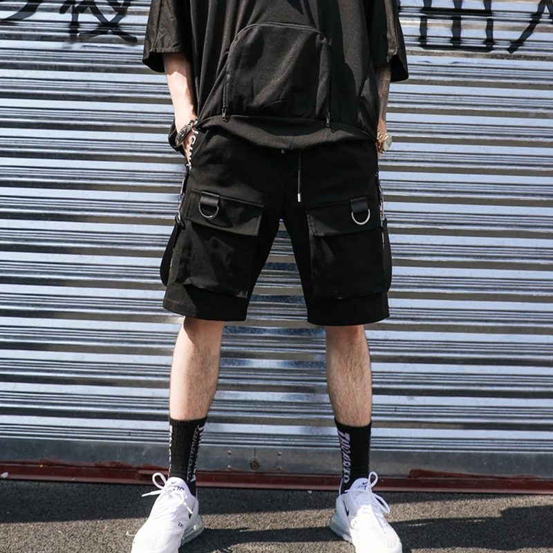 2019 Hip Hop Summer Men's Black Ribbons Streetwear Bermuda Zipper Pockets Shorts Male Punk Casual Knee Length Short SweatPants