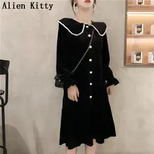 Чужой Kitty Однобортный милый сладкий оборками Черный летняя одежда для девочек свободные Повседневное свежий Для женщин пикантные ботинки до середины икры универсальное платье