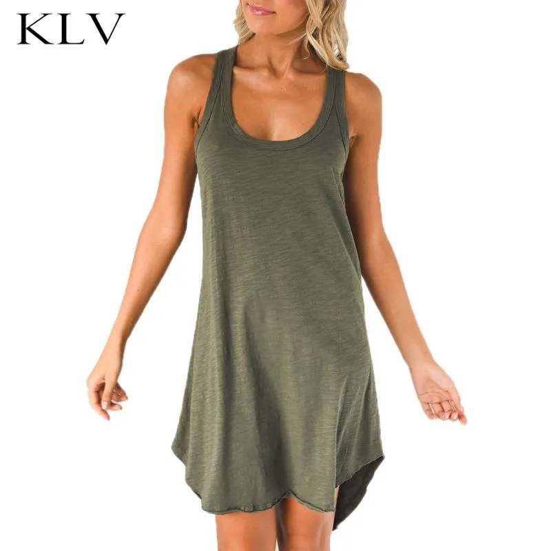 

Womens Summer Sleeveless Racerback Midi Long Swing Tank Dress Plain Solid Color Sexy Low Cut Neck Asymmetric Hem Loose Vest