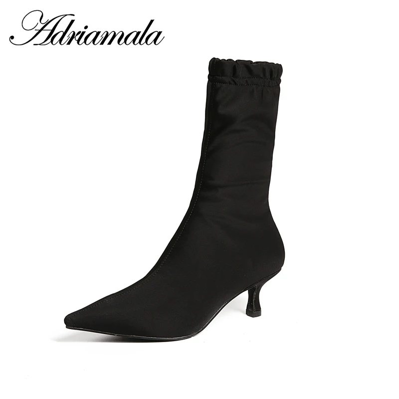 

2018 Stretch Fabric Ladies High Heel Boots Mid-calf Elastic Band Pointed Toe Thin Heels Womans Black Mid Calf Boots Adriamala